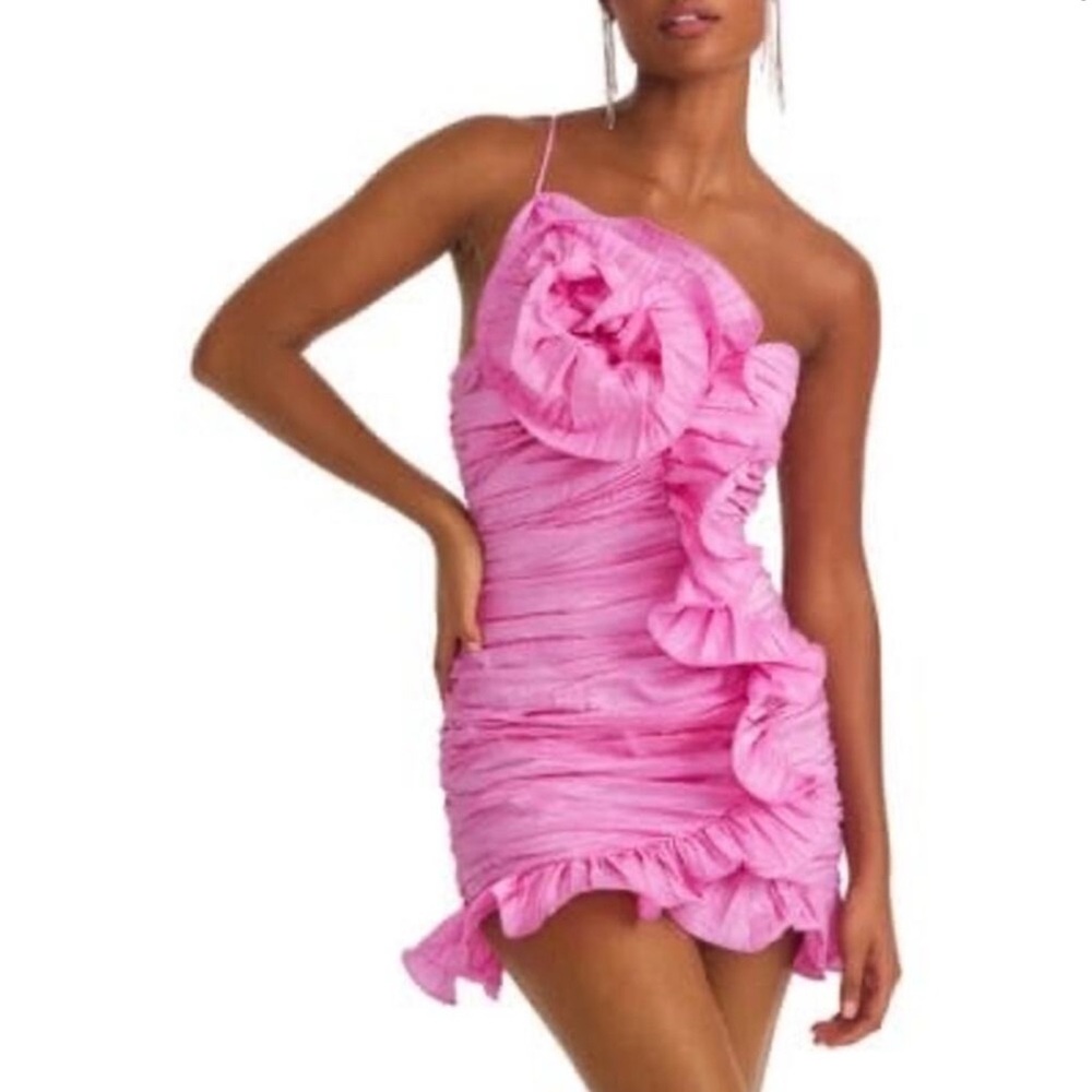 LoveShackFancy ​Brenaya Ruffle Flower Mini Bodycon Dress Hot Fuchsia size P 00